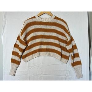 Billabong Sweater Womens Sz Small Pullover Oversized Crop Striped Mustard Ivory